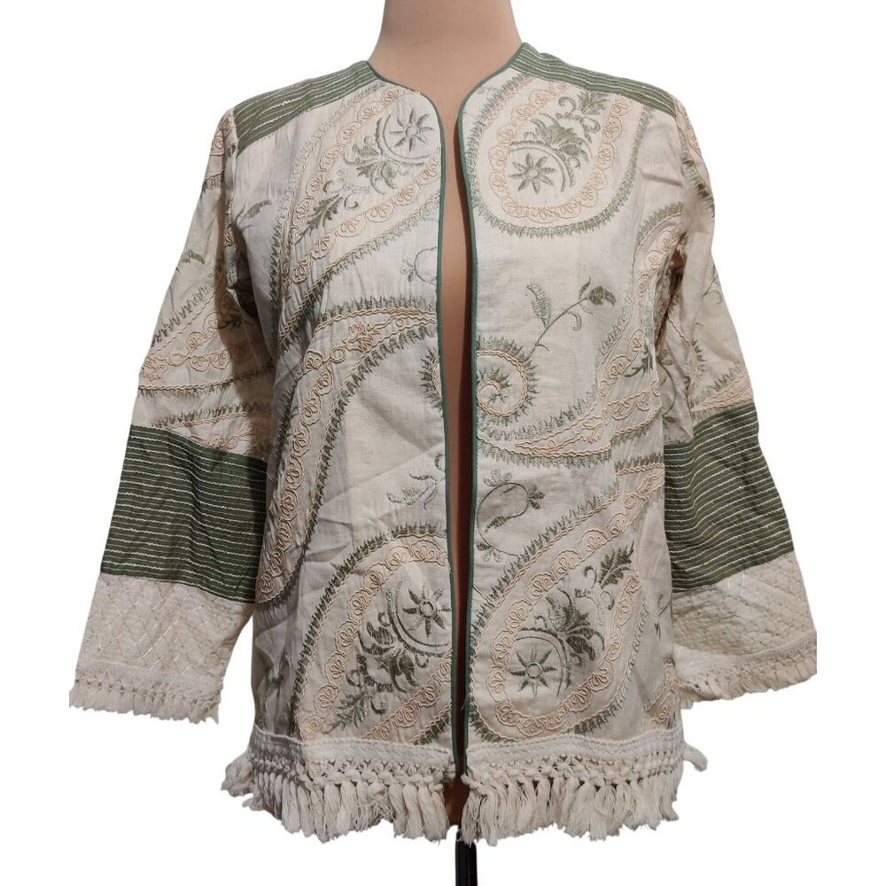 Womens L Jacket Boho Embroidered Fringe Cream Green Open Front Folk Artisan Indi